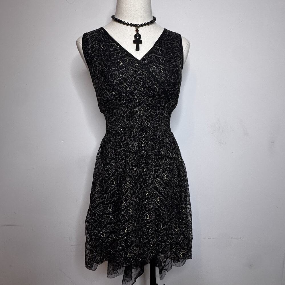Vintage Y2K Black Mesh Overlay Babydoll Dress  Faux Wrap XS